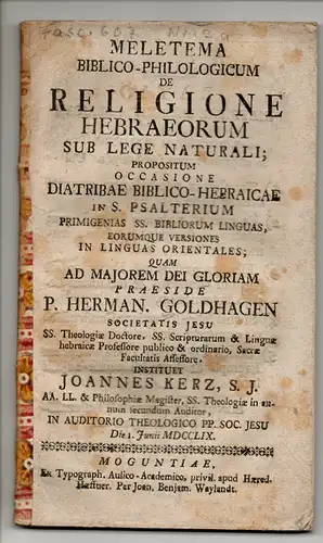 Kerz, Johannes: Meletemata biblico-philologicum de religione Hebraeorum sub lege naturali. 
