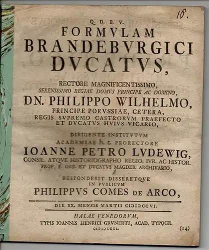 Arco, Philipp von: De formula Brandeburgici ducatus. 