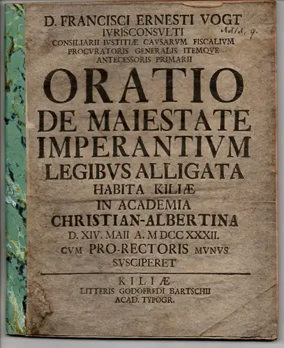 Vogt, Franz Ernst: Oratio de maiestate imperantium legibus alligata. 