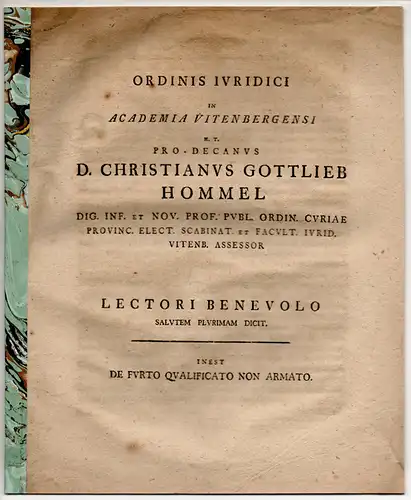 Hommel, Christian Gottlieb: De furto qualificato non armato. Promotionsankündigung von Johann Christian Starke. 