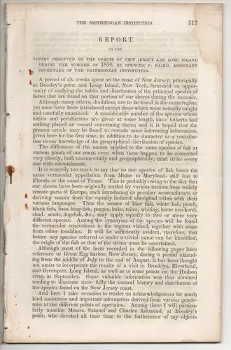 Baird, Spencer F: Report on the fishes observed on the coast of New Jersey and Long Island during the summer of 1854. Sonderdruck aus: Annual Report of the Board of Regents of the Smithsonian Institution 9, 317-340. 