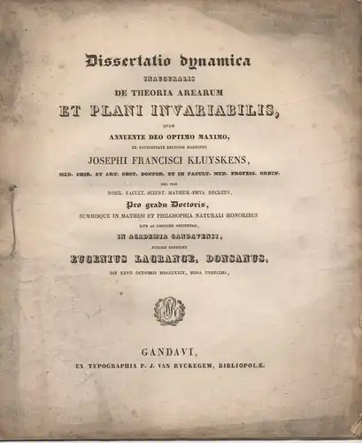 Lagrange, Eugène: De theoria arearum et plani invariabilis. Dissertation. 