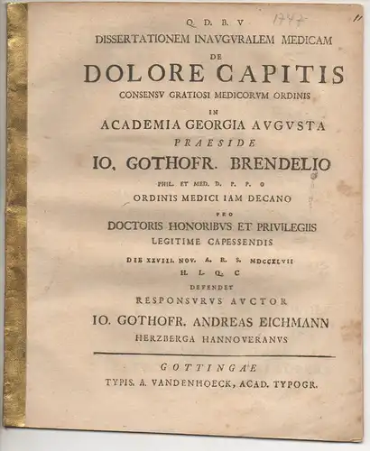 Eichmann, Johann Gottfried Andreas: aus Herzberg: Medizinische Inaugural-Dissertation. De dolore capitis. 