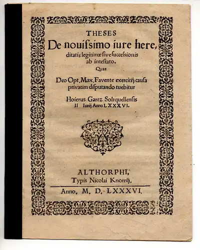 Gartz, Hoier: Salzwedel: Theses de novissimo jure hereditatis legitimae sive successionis ab intestato. 