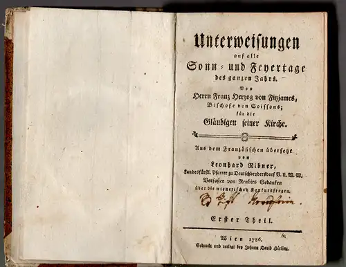 Fritzjames (Fitz-James), François de: Unterweisungen auf alle Sonn- und Feyertage des ganzen Jahrs. Erster Theil. Übersetzt von Leonhard Ribner. 