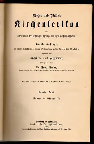 Wetzer und Welte's Kirchenlexikon oder Encyklopädie der katholischen Theologie und ihrer Hülfswissenschaften, Bd. 9: Naama bis Pignatelli; begonnen von Joseph Hergenröther, fortges. von Franz Kaulen. 2. Aufl. 