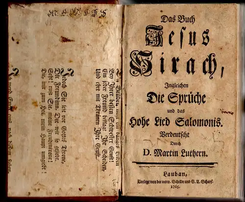 Jesus Sirach; Luther, Martin [Übers.]: Das Buch Jesus Sirach, Ingleichen Die Sprüche und das Hohe Lied Salomonis. Verdeutscht durch D. Martin Luthern. 
