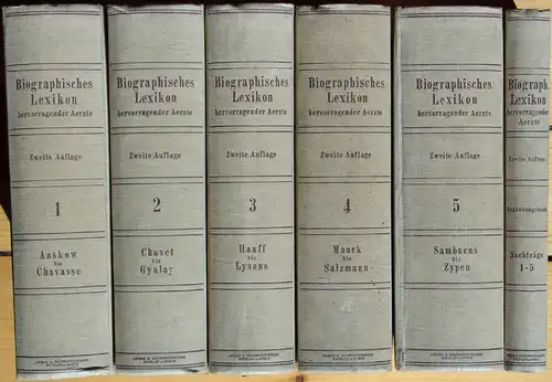 Hirsch, August (Hrsg.): Biographisches Lexikon der hervorragenden Ärzte aller Zeiten und Völker. Zweite Auflage, durchgesehen und ergänzt von W. Haberling, F. Hübotter und H. Vierordt. 5 Bände und Ergänzungsband (6 Bände, komplett). 