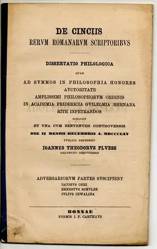 Pluess, Johann Theodor: De Cinciis rerum Romanorum scriptoribus. Dissertation. 