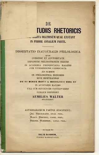 Walter, Emil: De Taciti studiis rhetoricis ratione habita orationum quae exstant in priore annalium parte. Dissertation. 
