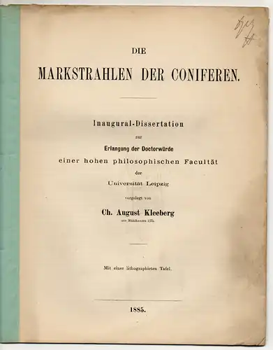 Kleeberg, Christian August: Die Markstrahlen der Coniferen. Dissertation. Sonderdruck aus: Bot. Zeitung Jg. 43. 