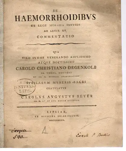 Beyer, Carl August: De Haemorrhoidibus ex lege Mosaica impuris ad Levit. XV commentatio. 