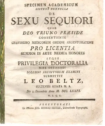 Beltz, Leo: Medizinische Dissertation. De Sexu Sequiori. 