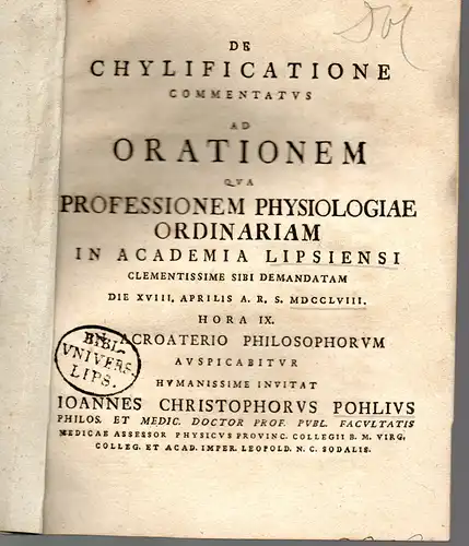 Pohl, Johann Christoph: De Chylificatione : Commentatus Ad Orationem. 