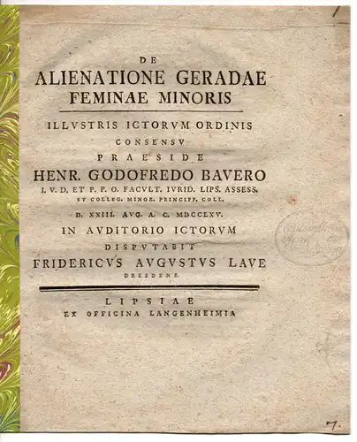 Laue, Friedrich August: aus Dresden: De alienatione geradae feminae minoris. 