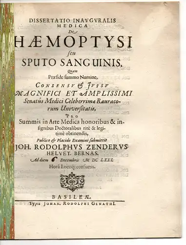 Zender, Johann Rudolph: aus Bern: Medizinische Inaugural-Dissertation. De haemoptysi seu sputo sanguinis. 