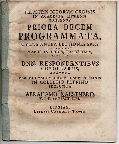 Kästner, Abraham: Priora decem programmata [classis I.]. 