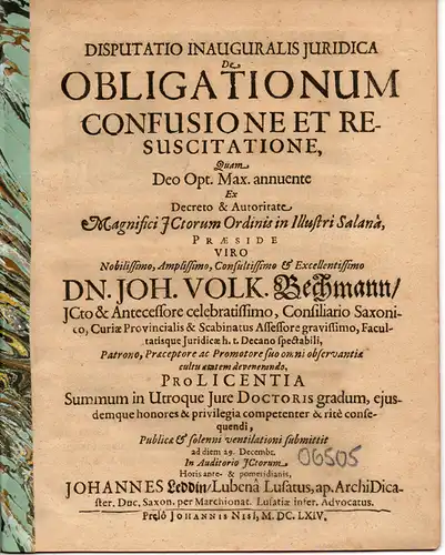Leddin, Johann: aus Luben: Juristische Inaugural-Disputation. De obligationum confusione et resuscitatione. 