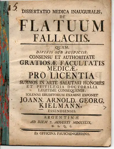 Kielmann, Johann Arnold Georg: aus Essen: Medizinische Inaugural-Dissertation. De Flatuum Fallaciis. 