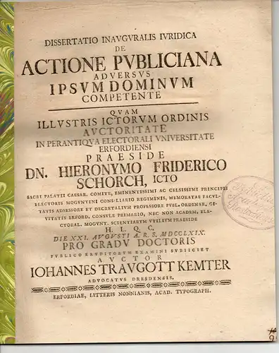 Kemter, Johannes Traugott: aus Dresden: Juristische Inaugural-Dissertation. De actione publiciana adversus ipsum dominum competente. 