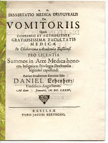 Lehenherr, Daniel: aus Augsburg: Medizinische Inaugural-Dissertation. De Vomitoriis. 