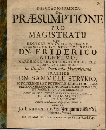Jemgumer Closter, Johann Lorenz von: Juristische Disputation. De praesumptione pro magistratu. 