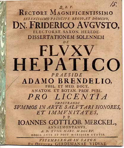 Merckel, Johann Gottlob: aus Annaberg: Medizinische Dissertation. De Fluxu Hepatico. 