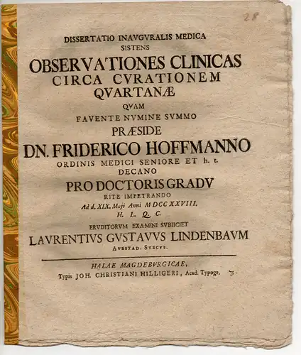 Lindenbaum, Lorenz Gustav aus Avesta/Schweden: Observationes Clinicas Circa Curationem Quartanae. Medizinische Inaugural-Dissertation. 