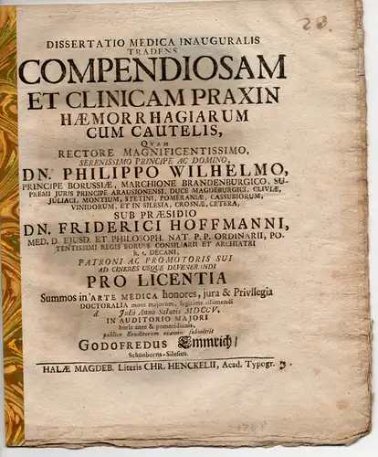 Emmrich, Gottfried: aus Schönborn/Schlesien: Compendiosam Et Clinicam Praxin Hæmorrhagiarum Cum Cautelis. Medizinische Inaugural-Dissertation. 