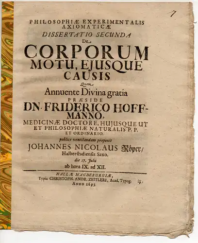 Röper, Johann Heinrich: aus Halberstadt: De Corporum Motu, Ejusque Causis. Medizinische Dissertation. 