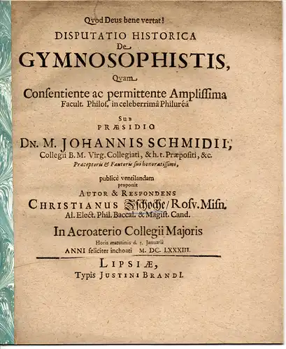 Zschoche, Christian: aus Rosau: Disputatio Historica De Gymnosophistis. 