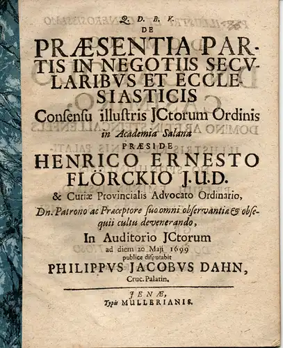 Dahn, Philipp Jacob: aus Kreuznach: De praesentia partis in negotiis secularibus et ecclesiasticis. 