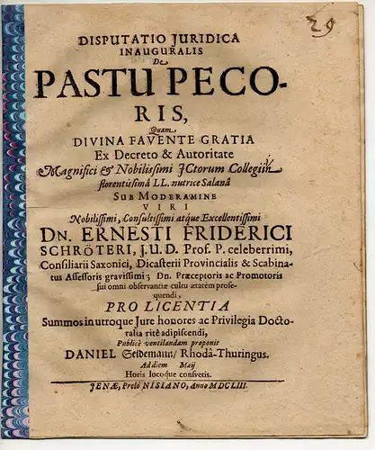 Seidemann, Daniel: aus Rhoda: Juristische Inaugural-Disputatio. De pastu pecoris. 