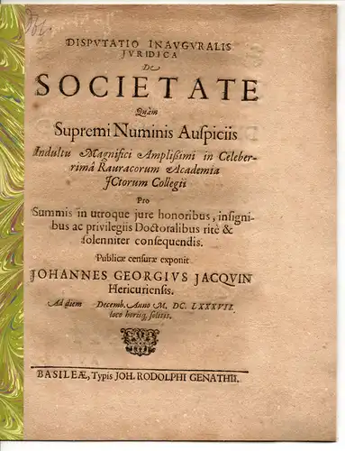 Jacquin, Johann Georg: aus Héricourt: Juristische Inaugural-Disputation. De societate. 