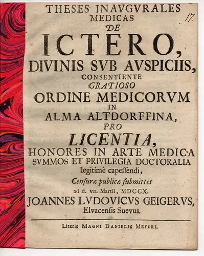 Geiger, Johannes Ludwig: Theses inaugurales medicas de ictero (Über Gelbsucht). 