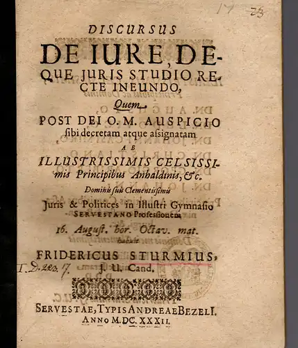 Sturm, Friedrich: Discursus de iure, deque iuris studio recte ineundo. 