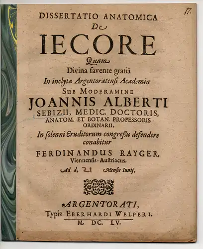 Rayger, Ferdinand: aus Wien: Medizinische Dissertation. De Iecore (Über die Leber). 
