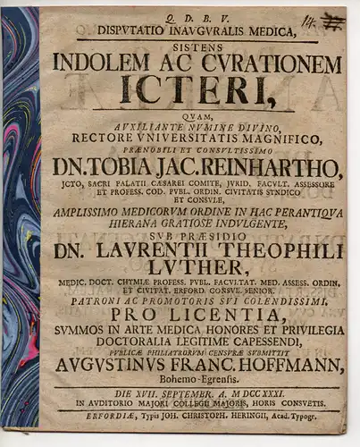 Hoffmann, August Franz: aus Eger: Medizinische Inaugural-Disputation. Indolem ac curationem icteri (Eigenschaften und Behandlung der Gelbsucht). 