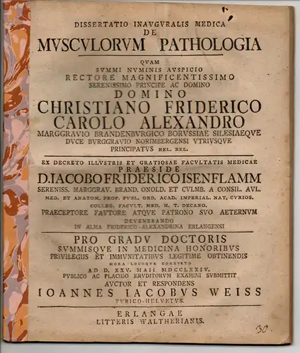 Weiss, Johann Jacob: Medizinische Inaugural-Dissertation. De Musculorum Pathologia. 