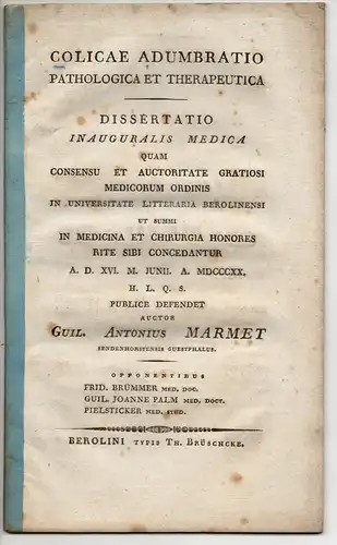 Marmet, Wilhelm Anton: aus Sendenhorst: Dissertatio colicae adumbrationem pathologicam et therapeuticam sistens. 