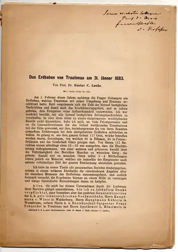 Laube, Gustav Carl: Das Erdbeben von Trautenau am 31. Jänner 1883. Sonderdruck aus: Jahr. d.K.K. Geol. Reichsanst. 33, 331-372. 