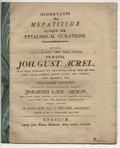 Aschan, Johann Lorentz: Medizinische Dissertation. De Hepatitide eiusque per ptyalismum curatione. 