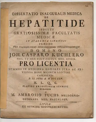 Fuchs, Ambrosius: aus Meldorf: Medizinische Inaugural-Dissertation. De Hepatitide. 