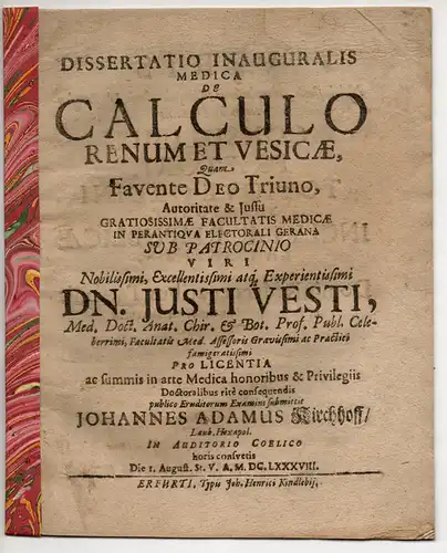 Kirchhoff, Johann Adam: aus Lauban: Medizinische Inaugural-Dissertation. De Calculo Renum Et Vesicae (Über Nieren- und Blasensteine). 