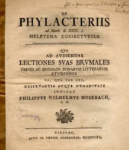 Mosebach, Philipp Wilhelm: De phylacteriis ad Matth. xxiii, 5. meletema conjecturale. 