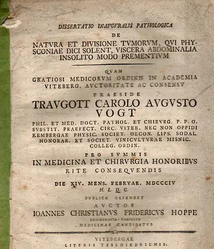 Hoppe, Johann Christian Friedrich: De Natura Et Divisione Tumorum, qui Physoniae Dici Solent, Viscera Abdomalia Insolito Modo Prementium. Dissertation. 