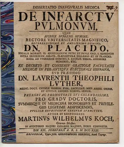 Koch, Martin Wilhelm: aus Crosna: Medizinische Inaugural-Dissertation. De infarctu pulmonum (Über den Lungeninfarkt). 