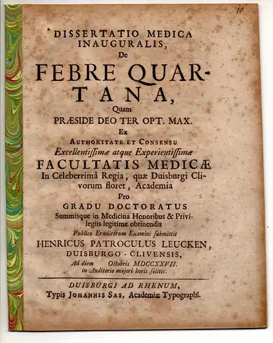 Leucken, Heinrich Patroklus: aus Duisburg: Medizinische Inaugural-Dissertation. De Febre Quartana. 