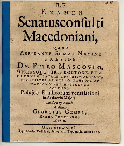 Gruel, Georg: aus Wartha: Juristische Dissertation. Examen senatusconsulti Macedoniani. 
