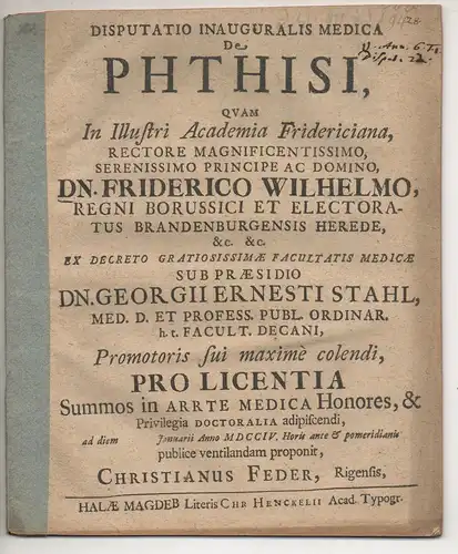 Feder, Christian: aus Riga: Medizinische Inaugural-Disputation. De phthisi. 